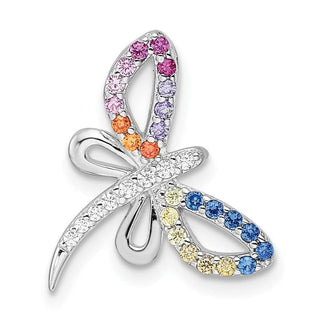 Sterling Silver Rhodium-plated Multicolor CZ Dragonfly Chain Slide Pendant