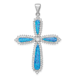 Sterling Silver Rhodium-plated Blue Created Opal Beaded Border Cross Pendant