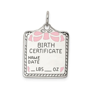 Sterling Silver Pink Birth Certificate Polished Front/Satin Back Charm