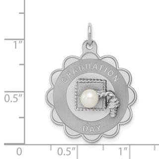 Sterling Silver Rhodium-plated Graduation Day Disc with Freshwater Cultured Pearl Charm