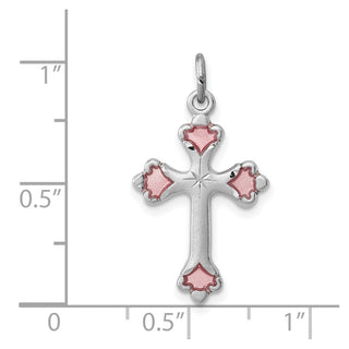Sterling Silver Rhodium-plated Pink Enameled Budded Cross Charm