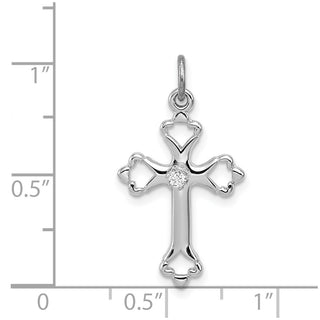 Sterling Silver Rhodium-plated Budded Cross w/CZ Charm