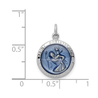 Sterling Silver Rhodium-plated Blue Epoxy St. Christopher Medal Pendant