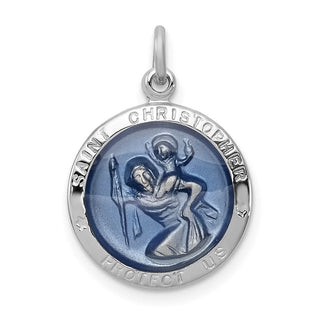 Sterling Silver Rhodium-plated Blue Epoxy St. Christopher Medal Pendant