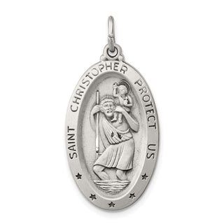 Sterling Silver St. Christopher Medal Pendant - 35 x 17mm, Satin, Diamond-Cut, Antiqued & Engravable