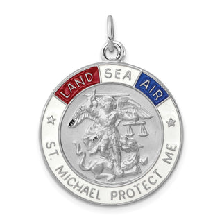 Sterling Silver Rhodium-plated Enameled Saint Michael Medal Pendant