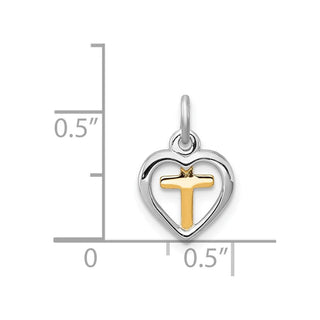 Rhodium-Plated and Yellow-Finish Sterling Silver Cross In Heart Charm
