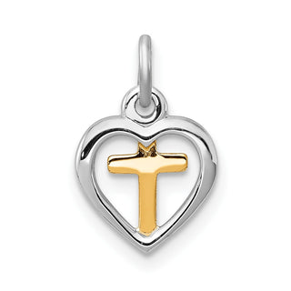 Rhodium-Plated and Yellow-Finish Sterling Silver Cross In Heart Charm