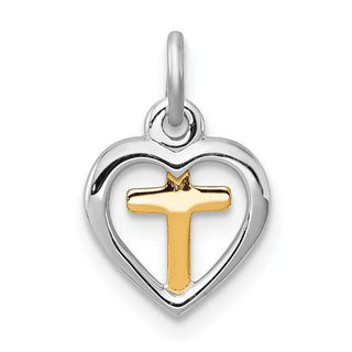 Rhodium-Plated and Yellow-Finish Sterling Silver Cross In Heart Charm