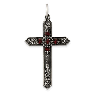 Sterling Silver Antiqued January Glass Simulated Birthstone Cross Pendant
