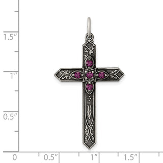 Sterling Silver Antiqued February Glass Simulated Birthstone Cross Pendant