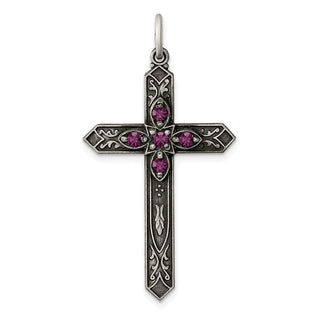 Sterling Silver Antiqued February Glass Simulated Birthstone Cross Pendant