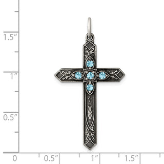 Sterling Silver Antiqued March Glass Simulated Birthstone Cross Pendant