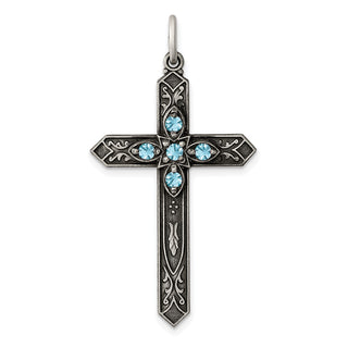 Sterling Silver Antiqued March Glass Simulated Birthstone Cross Pendant