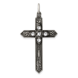 Sterling Silver Antiqued April Glass Simulated Birthstone Cross Pendant