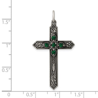 Sterling Silver Antiqued May Glass Simulated Birthstone Cross Pendant