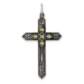 Sterling Silver Antiqued August Glass Simulated Birthstone Cross Pendant