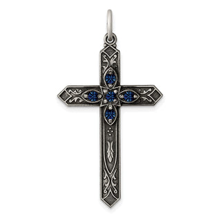 Sterling Silver Antiqued September Glass Simulated Birthstone Cross Pendant