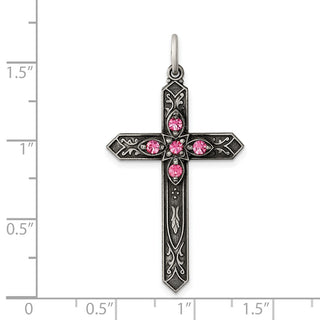 Sterling Silver Antiqued October Glass Simulated Birthstone Cross Pendant