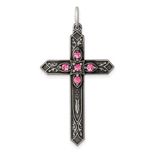 Sterling Silver Antiqued October Glass Simulated Birthstone Cross Pendant