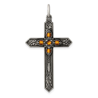 Sterling Silver Antiqued November Glass Simulated Birthstone Cross Pendant