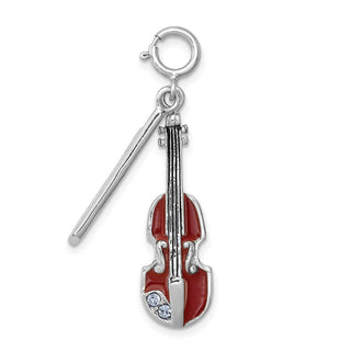Sterling Silver Rhodium-Plated Enameled Preciosa Synthetic Crystal Violin Charm