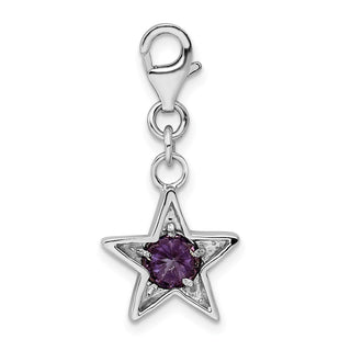 Sterling Silver Rhodium-Plated CZ Simulated February Birthstone Star Charm