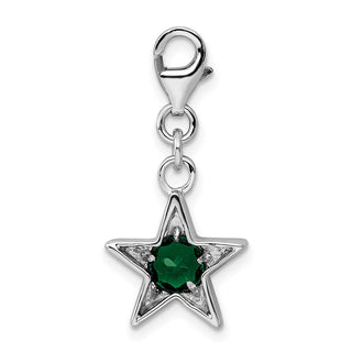 Sterling Silver Rhodium-Plated CZ Simulated May Birthstone Star Charm
