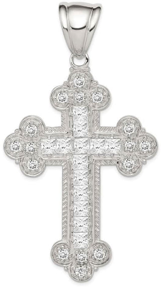 925 Sterling Silver Cubic Zirconia Budded Cross Pendant