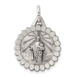 Sterling Silver St. Jude Thaddeus Medal Pendant - 26 x 18mm, Satin, Antiqued & Engravable