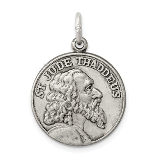 Sterling Silver St. Jude Thaddeus Medal Pendant - 26 x 20mm, Antiqued, Satin & Engravable
