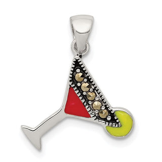 Sterling Silver Red & Green Enameled Martini Pendant