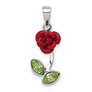 Sterling Silver Red Enamel w/Green CZ Rose Pendant