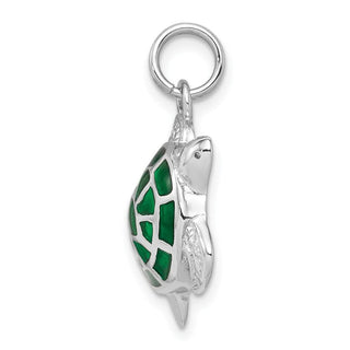 Sterling Silver Rhodium-plated Green Enamel Turtle Charm