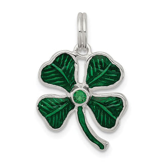 Sterling Silver Enameled 4-Leaf Clover w/Green Glass Charm