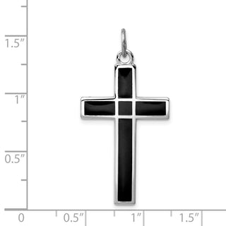 Rhodium-Plated 925 Sterling Silver Brushed & Polished Enamel Black Cross Pendant