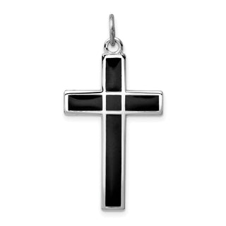 Rhodium-Plated 925 Sterling Silver Brushed & Polished Enamel Black Cross Pendant