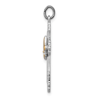 Rhodium-Plated & Yellow 925 Sterling Silver Cross & Fleur De Lis Pendant