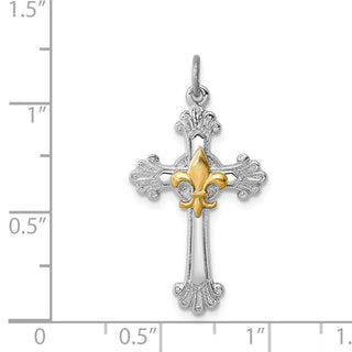 Rhodium-Plated & Yellow 925 Sterling Silver Cross & Fleur De Lis Pendant