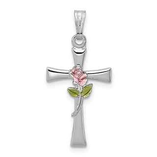 Rhodium-Plated 925 Sterling Silver Cross with Epoxy Rose Flower Center Pendant