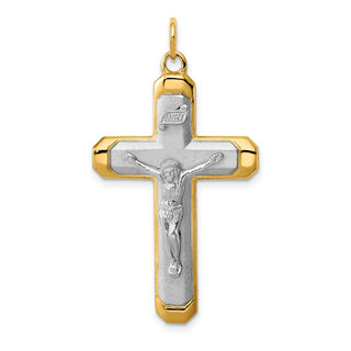Rhodium-Plated & Yellow 925 Sterling Silver Satin/Polished Corpus Cross Pendant