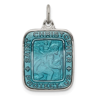 925 Sterling Silver Blue Enamel Square St. Christopher Medal Pendant