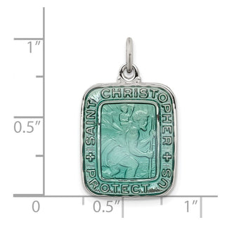 925 Sterling Silver Teal Enamel Square St. Christopher Medal Pendant