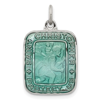 925 Sterling Silver Teal Enamel Square St. Christopher Medal Pendant
