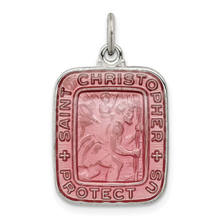 925 Sterling Silver Pink Enamel Square St. Christopher Medal Pendant