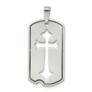 925 Sterling Silver Satin Antiqued Dog Tag with Cut Out Cross Pendant