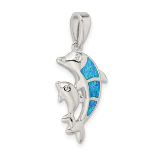 Sterling Silver Blue Inlay Lab-Created Opal Dolphin Pendant