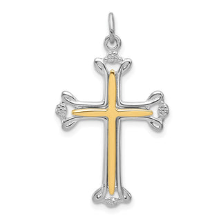Rhodium-Plated & Yellow 925 Sterling Silver Polished Budded Cross Pendant
