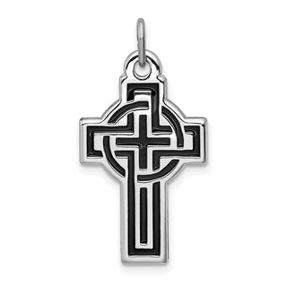 Rhodium-Plated 925 Sterling Silver and Black Design Cross Pendant QC8185