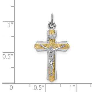 Rhodium-Plated and Yellow Sterling Silver Inri Crucifix Cross Pendant Q8298